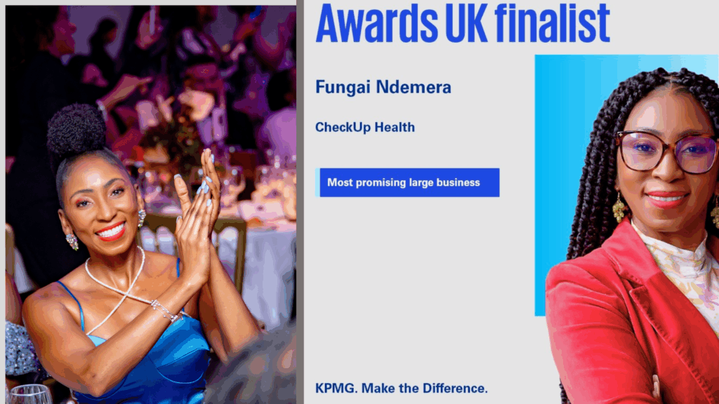 Fungai Ndemera, Founder and CEO of CheckUp Health, smiling and applauding at an awards ceremony, alongside a KPMG UK Black Entrepreneurs’ Awards 2025 finalist banner recognising her as a nominee in the Most Promising Large Business category