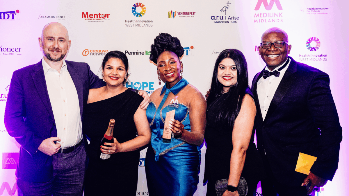 Fungai Ndemera receiving the Advances in Digital Healthcare Award at the Medilink Midlands Business Awards 2026